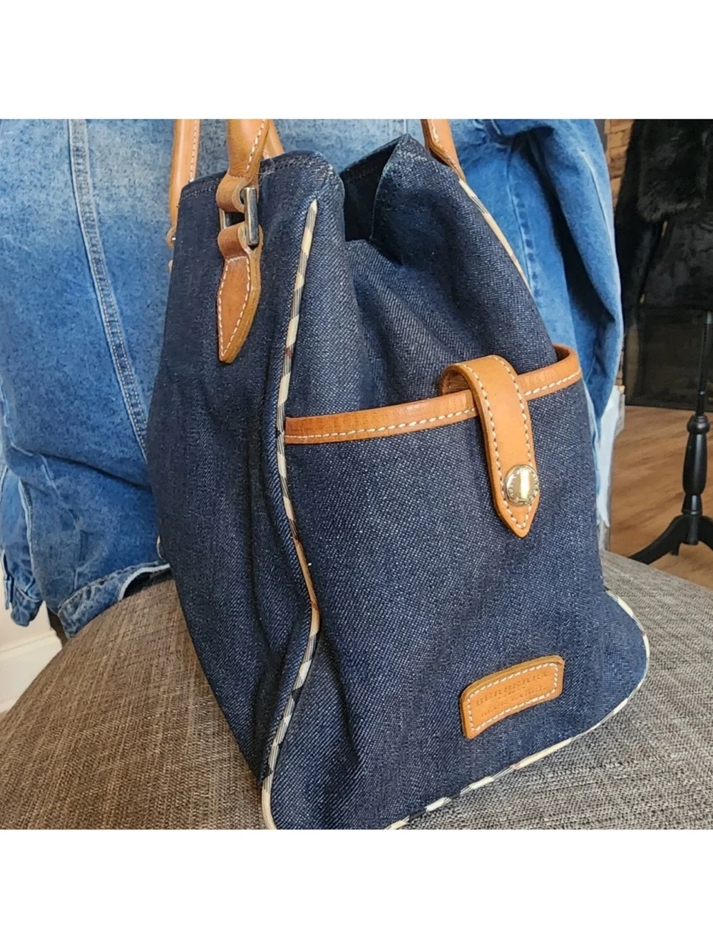 Burberry Denim Tote with Tan Leather Trim